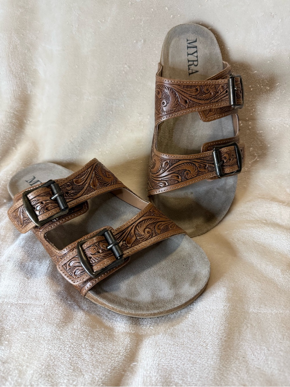 Myra Bag Brown Tooled Leather Double Buckle Sandals

Lightly worn.